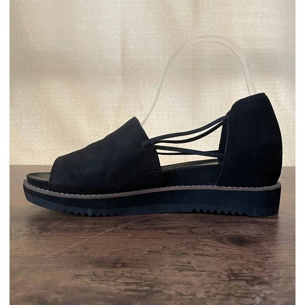 Eileen Fisher Womens Ken Tumbled Nubuck Sandal Sz 7.5 Black Leather Minimalist